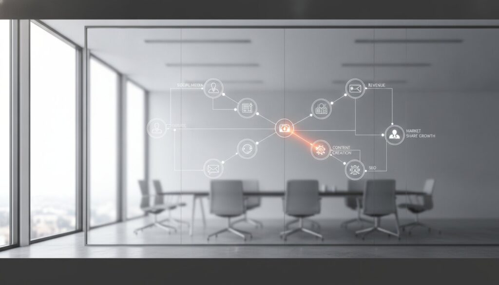 Dark case-file style header: 'Aligning Marketing Roadmap with Business Goals' with a Business Goal to Marketing Strategy to Tactical KPI framework strip.